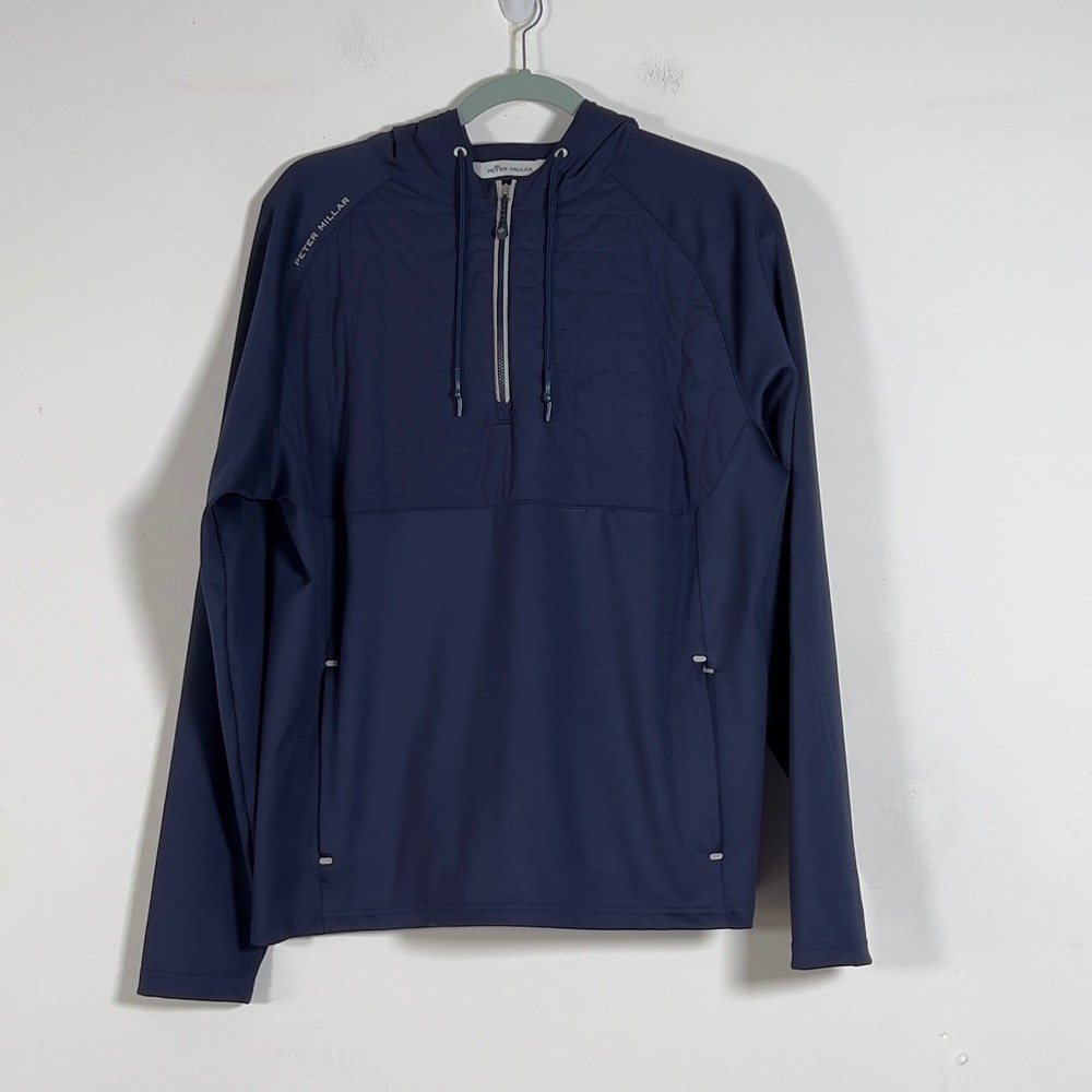 Peter Millar Crown Sport 1/4 Zip Pullover Hoodie Mens Sz L Navy Blue Long Sleeve